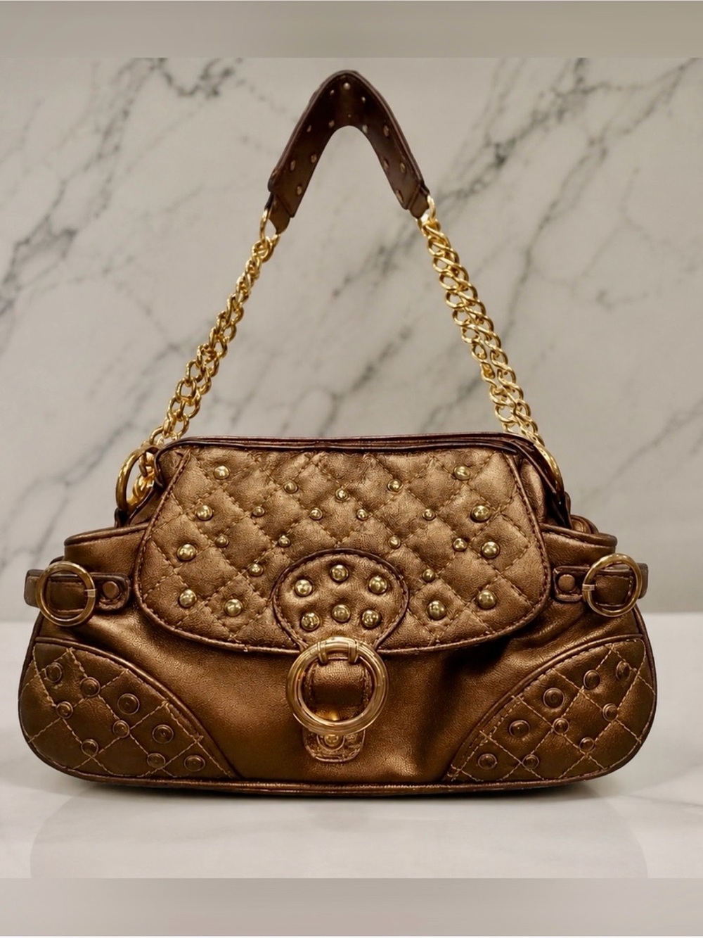 New Metallic Bronze Shoulder Bag with Gold Chain Strap
